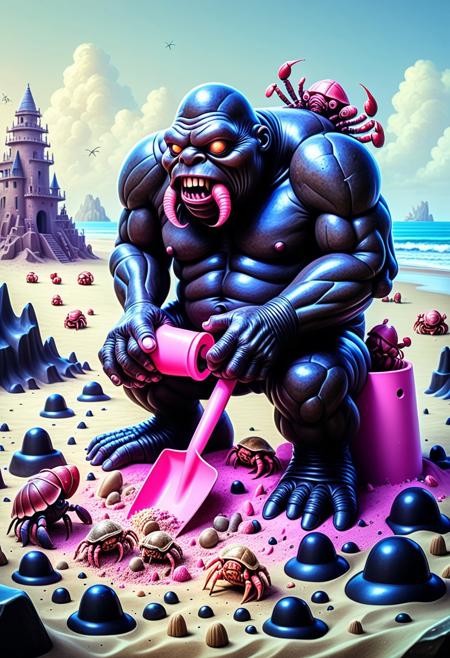 high quality painting, an ancient golem made of obsidian jade trying to build a sandcastle with a pink plastic shovel, beach full of giggling hermit crabs helping him, epic lighting with a touch of nonsense, hilarious contrast