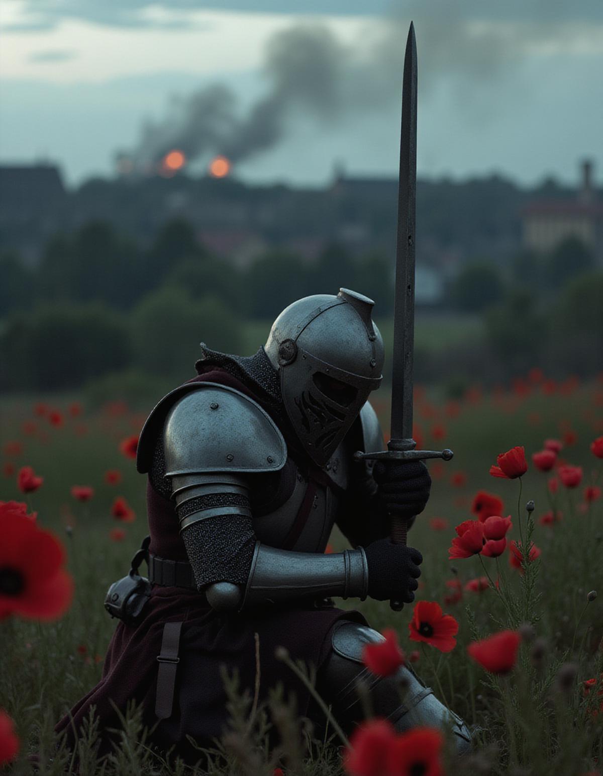  (dark photo:1.4) of a knight in armour kneeling down exhausted with his sword, mourning death of his companions among a few red poppies in flanders fields, battlefield, aftermath, charred town in smoke at distance, chiaroscuro, dark, low-key, close-up, horror,
