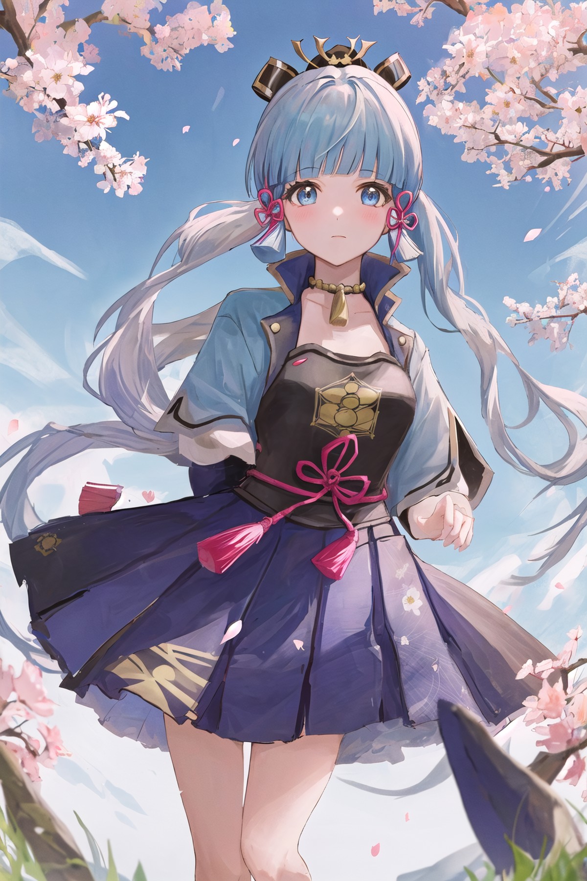 <lora:ayaka_v4:1>1girl, kamisato ayaka, cherry blossoms, looking at viewer, blue sky