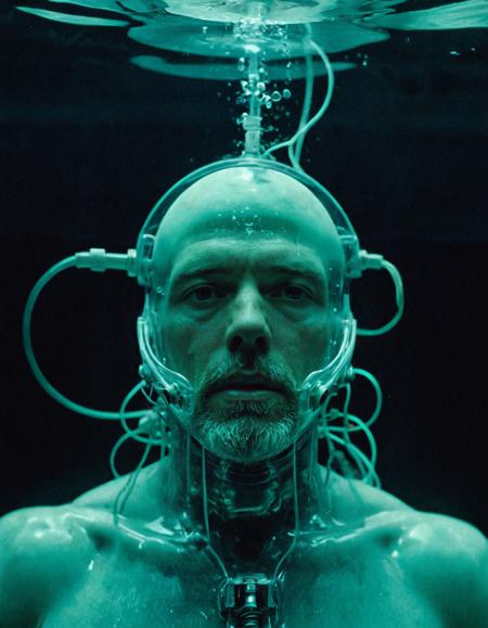 Surrealist art breathtaking cinematic film still ancient man submerged in saline pod within abyssal medical facility, suspended in translucent gel inside biomechanical exosuit, glowing aquamarine veins pulsing through flesh and wires, surgical machines resembling squids curled around body, dim cerulean lights pulsing across sterile titanium walls, bubbles rising slowly past pale wrinkled face, 1980s underwater lab aesthetic, dramatic top-down spotlight filtering through liquid medium, photographed on Kodak Ektar 100, Canon EOS-1V with 50mm f/1.2 lens, clinical isolation and forgotten immortality vibe,<lora:add-detail-xl:1>,OverallDetailXL,ArsMovieStill,<lora:MJ52_v2.0:0.7>,<lora:EldritchCandids1.1.2:0.75>,<lora:EpicF4nta5yXL:0.4> . shallow depth of field, vignette, highly detailed, high budget, bokeh, cinemascope, moody, epic, gorgeous, film grain, grainy . award-winning, professional, highly detailed . Dreamlike, mysterious, provocative, symbolic, intricate, detailed
