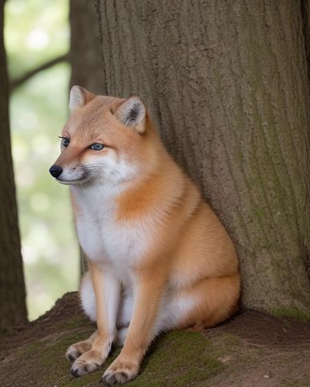 <lora:Cheems_50_2-000001:.95> a red fox sitting next to a tree in a european forest