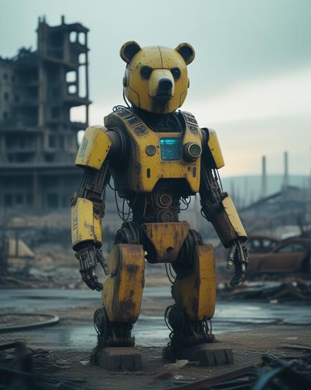 A cybernetic Bear stands amidst ruins, with one side resembling a mechanical robot and the other side retaining its natural fur. The background is a desolate wasteland with crumbling buildings, rusted machinery, and a toxic yellow sky. Incorporate subtle details like glowing blue circuits, exposed wires, and worn leather straps to convey a sense of decay and technological overreach