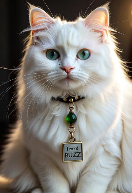 masterpiece, ultra-detailed, hyper-realistic, cinematic lighting, beautiful white Angora cat, long fluffy fur, striking blue and green eyes, sitting directly facing the viewer, calm and elegant posture, wearing a small collar tag or ID plate that clearly reads "I need Buzz", fur texture highly detailed, soft lighting, shallow depth of field, realistic whiskers and fur strands, subtle warm backlight, photo-realism, kitty animal portrait perfection, using Buzz Generator LoRA:<lora:BuzzGenerator:1.0>