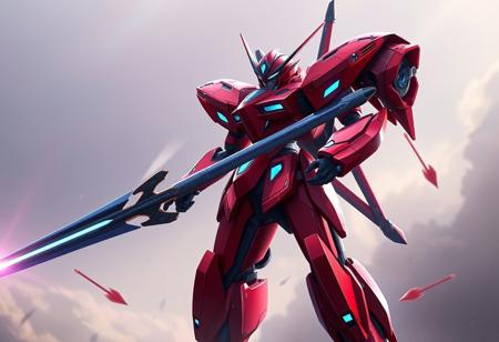 Create a 2D computer-generated image of a mecha robot with a sword, featuring a full-body red mech with rich blue accents and a Batoidea-inspired shape. The robot should have a slim, symmetric body with a beautiful design. Include a Dice Dungeon background beam and two arrows in the scene. Ensure the image has a 1/3 headroom and is positioned to showcase the robot from front, back, and side views. The image should have stunning, lifelike details and a golden ratio composition. Optimize for smooth focus, sharp lines, and high-quality rendering. Target a resolution of 8K and a highly realistic, hyper-realistic style akin to trending art on platforms like Artstation and Pinterest.