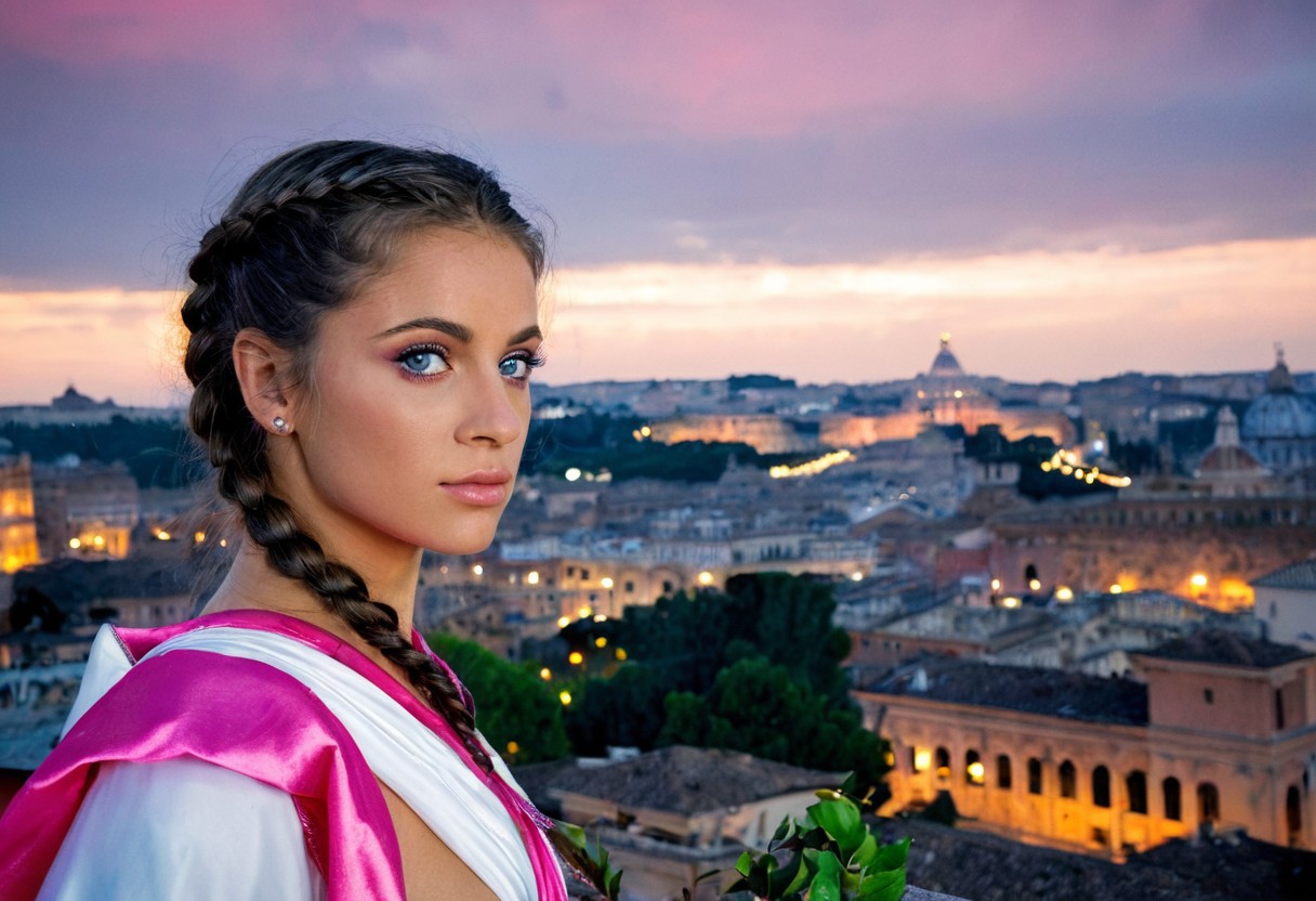 Upper Body Photo. 1female. In a (revealing pink and white toga). Striking features. Beautiful and elegant. Highly detailed beautiful expressive eyes. Vivid color. Half-Up Side Braid. Vast open view of Rome in the background. Photorealistic, Natural atmospheric lighting, intricate details, 35mm photograph, film, professional, 4k visuals, highly detailed, elegant, studio quality.