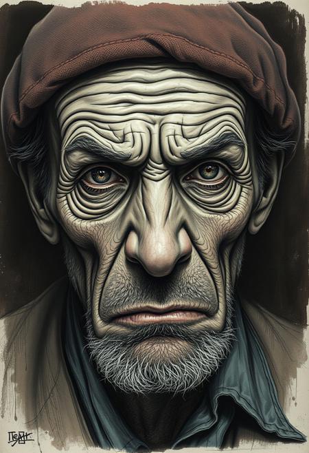A homeless man his face lined with exaggerated wrinkles and tension, staring hauntingly at the viewer, with ultra-detailed lighting but  distorted, almost tortured expression making the scene deeply unsettling.
surreal nightmarish realism, intricate ink cross-hatching with hyper-detailed painting, cinematic dramatic lighting, eerie ghostly landscapes, psychologically intense figures, twisted dreamlike horror, deep chiaroscuro shadows, dark atmospheric storytelling