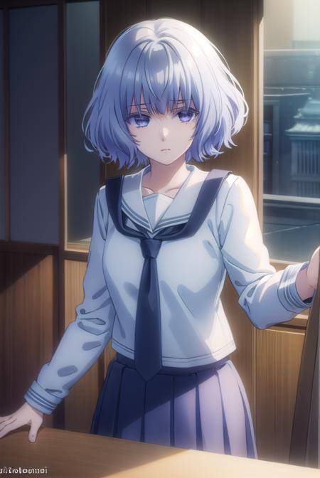 nanamishiranui, <lora:nanami shiranui s1-lora-nochekaiser:1>,
nanami shiranui, short hair, bangs, (purple eyes:1.1), grey hair, mole, mole under eye,
BREAK skirt, long sleeves, school uniform, necktie, serafuku, sailor collar,
BREAK indoors, classroom,
BREAK looking at viewer, (cowboy shot:1.5),
BREAK <lyco:GoodHands-beta2:1>, (masterpiece:1.2), best quality, high resolution, unity 8k wallpaper, (illustration:0.8), (beautiful detailed eyes:1.6), extremely detailed face, perfect lighting, extremely detailed CG, (perfect hands, perfect anatomy),