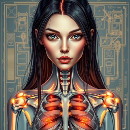 masterpiece, best quality, female standing, front view, 30 years old, beautiful, long hair, erotic, slender fit-muscled body, thin waist, long legs, tall height, very detailed face, perfect eyes, blue eyes, perfect lips, detailed nipples, detailed areolas, front towards viewer, direct gaze, the future, visible bone structure, schematic drawing, hybrid, android features, cyborg features, biomechanical, warm glow of vacuum tubes, transparent, cutaway view, golden light, schematic diagrams,