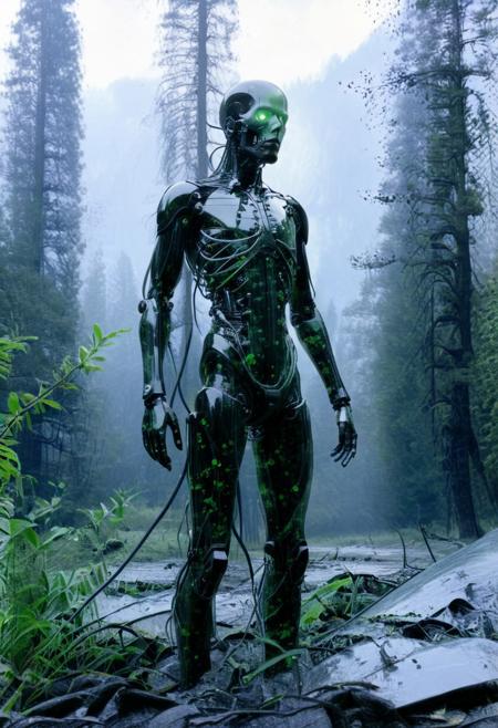Blame! by Tsutomu Nihei see through cyborg, full body, forest background, mist, black oil splatter, black plated cables everywhere, translucent glass head, chips and electronics, in background, black oil splatter, green everywhere, symbiotic everywhere, insects everywhere titanium everywhere, electric everywhere, extreme closeup, easynegative, ng_deepnegative_v1_75t