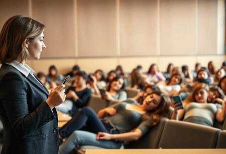 college lecture by well-dressed attractive woman with pointer, bored class of beautiful female students sleeping sprawled out, chatting with each other, looking at iPhones, adjusting bra
