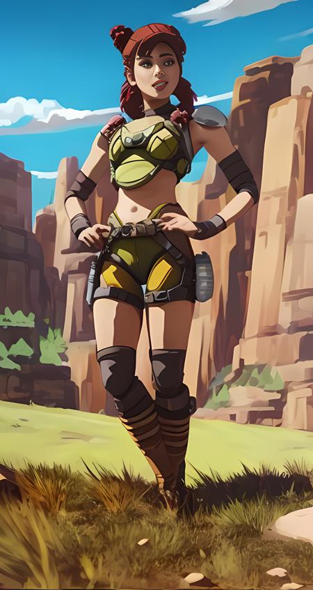 a female character stand on the grass, canyon background, <lora:ApexLegends_64-000020:1>