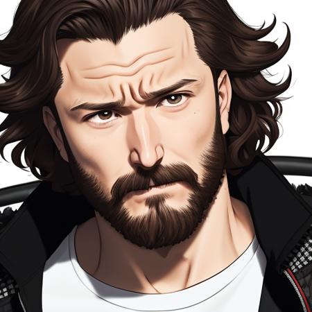 anime style illustration of (NikoPueringer:0.99) a man with short brown curled hair, solo, 1boy, wearing a (black jacket:1.3) with a feathered ruff, (with a beard and facial hair:1.1), (detailed face:1.4), (grey eyes:1.2), open mouth, (with an angry look on his face:1.1), high quality, high detail, masterpiece, art by Tomioka Jirou