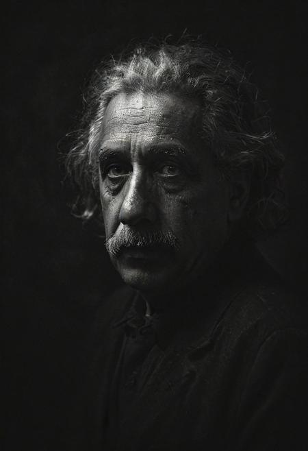 dark photo, portrait of Albert Einstein, vignette, highly detailed, moody, epic, gorgeous, film, atmospheric haze, dynamic lighting, award winning photo