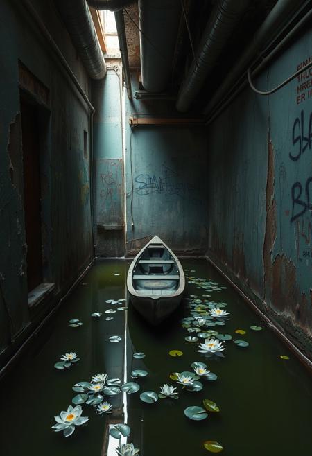 This image is a highly detailed photograph of an urban decay scene, set within a narrow, dimly lit alleyway. The scene features a small, stagnant pool of water at the center, reflecting the surrounding environment. The water is a murky green, with scattered water lilies and white lotus flowers floating on its surface, adding a surreal touch to the otherwise gritty setting. The walls on either side of the alley are peeling and covered in graffiti, with various shades of teal and rust, contributing to the overall derelict atmosphere. The ceiling and walls are adorned with industrial pipes and exposed, rusted metal, further emphasizing the decay. A narrow wooden rowboat with a weathered finish is positioned near the center of the pool, adding an element of isolation and abandonment. A narrow, vertical opening in the wall at the far end of the alleyway allows a narrow beam of light to filter through, illuminating the water and creating a stark contrast with the dark, shadowy surroundings. The overall color palette is dominated by muted greens, teals, and rust, with subtle highlights of white from the flowers and the light beam. The image is rich in texture and detail, capturing the essence of urban decay with a haunting, almost poetic quality.
