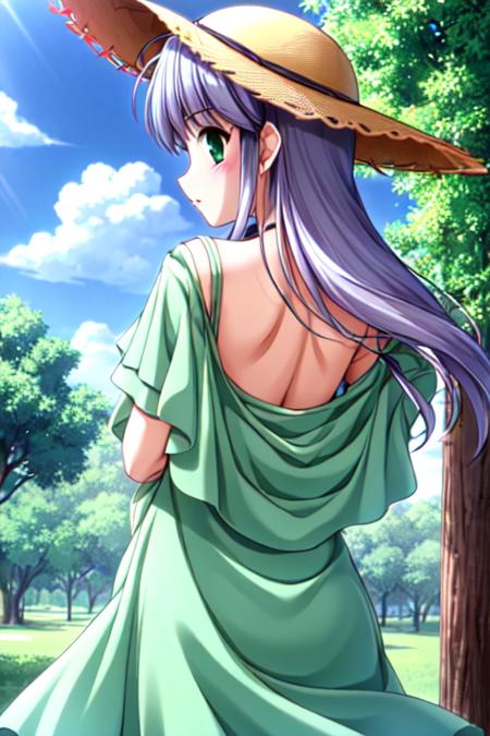 Masterpiece, Best Quality,  <lora:Feena_Local_03_10:1>, Feena, green sundress, straw hat, jungle