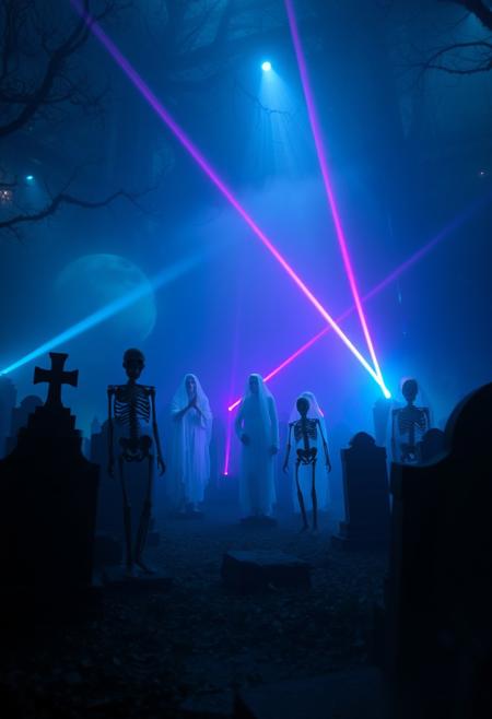 Promotional shots of the biggest ghosts and skeletons rave party in an ancient cemetery, laser beams, black magic