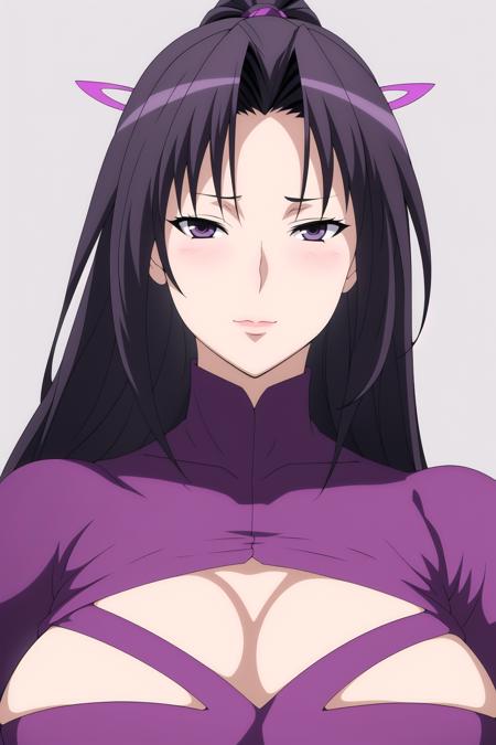 Simple White Background,
purple dress,cleavage cutout, clothing cutout,
<lora:Kazehana_Sekirei-KK77-V1:0.7>,hair ornament, 
Black Hair,Purple eyes,Long hair,High ponytail, 
<lora:Oda_Non_Style-KK77-V2:0.3>,<lora:more_details:0.1>,
1 girl, 20yo,Young female,Beautiful Finger,Beautiful long legs,Beautiful body,
Beautiful Nose,Beautiful character design, perfect eyes, perfect face,expressive eyes,perfect balance,
looking at viewer,(Focus on her face),closed mouth, (innocent_big_eyes:1.0),serious,
official art,extremely detailed CG unity 8k wallpaper, perfect lighting,Colorful, Bright_Front_face_Lighting,White skin,
(masterpiece:1.0),(best_quality:1.0), ultra high res,4K,ultra-detailed,
photography, 8K, HDR, highres, absurdres:1.2, Kodak portra 400, film grain, blurry background, bokeh:1.2, lens flare, (vibrant_color:1.2),professional photograph,
(Beautiful,Breasts:1.0), (beautiful_face:1.5),(narrow_waist),