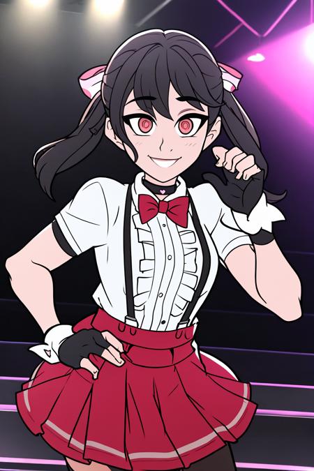 (masterpiece, best quality:1.2), <lora:tobinge:.7>, tobinge, 1girl, solo, red eyes, bokura wa ima no naka de, twintails, black hair, gloves, fingerless gloves, bow, red gloves, hair bow, skirt, heart cutout, glowstick, suspenders, frills, short sleeves, looking at viewer, choker, pink bow, stage, smile, white shirt, idol, bangs, shirt, bowtie