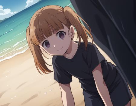 shiori kobayakawa, bangs, brown hair, twintails, purple eyes, blunt bangs, empty eyes, short sleeves, pants, black shirt, t-shirt,