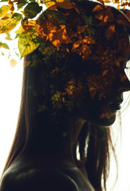 . Surreal Nature Double Exposure. Merge a portrait with forest elements using a Canon EOS 5D Mark IV and 100mm macro lens. Light the subject with soft, diffused daylight (f/2.8, ISO 100, 1/200s) against a white backdrop. Layer with a long-exposure shot of autumn leaves (f/16, ISO 50, 2s). Blend in post: translucent foliage overlays on the subject’s silhouette, emphasizing earthy greens and amber tones. Retain skin texture while adding moss-like patterns via masking.
