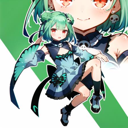 <lora:testbluerushia2_3:1>,  bluerushia, green hair, double bun, red eyes, short hair, blue bow, skull hair ornament, full body,