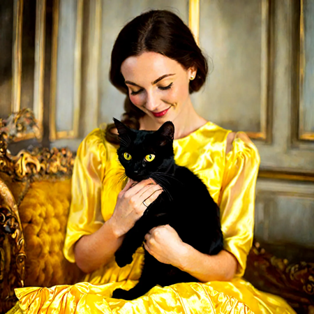 photo  Photo of a black cat with bright yellow eyes seated comfortably on the lap of an elegant young woman wearing a fancy dress. The cat's fur is sleek and shiny, and the woman has a warm, content smile as she strokes the cat's head lovingly with one hand