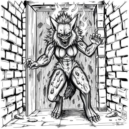 Female animal, covered with fur, anthro furry hyena slams door open, view from other side, berserk mode, in dungeon, brick walls, severe burns all over body, burned fur, in rage, in pain, foam on mouth, line art sketch