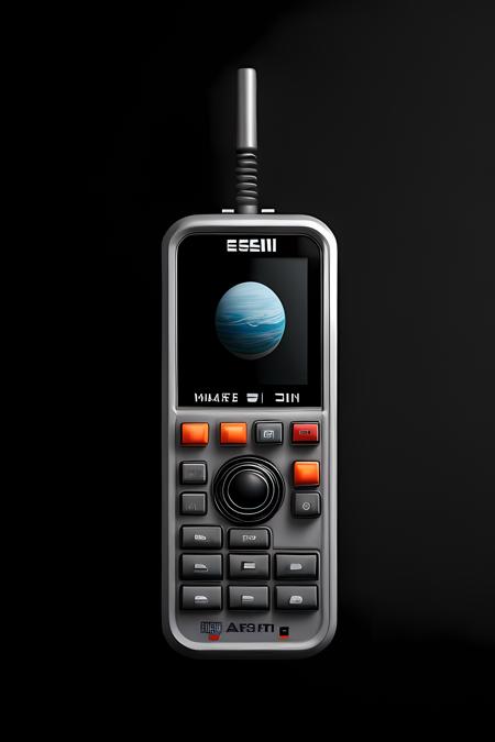 ("ASELSAN" text logo on screen:1), A promotional advertisement photo of a rugged (heavily used) communication device from Turkish space program, (earth picture on screen:1), rugged, heavy use, wear and tear,  handheld device, simple background, studio shot, front shot, slim device, (small and monochrome screen that has text), advertisement poster, propaganda poster, soft light, soft colors, radial menu, ball navigation button, small grey buttons, antenna port on top, Arie Smit, insanely complex,  <lora:more_details:1.2>