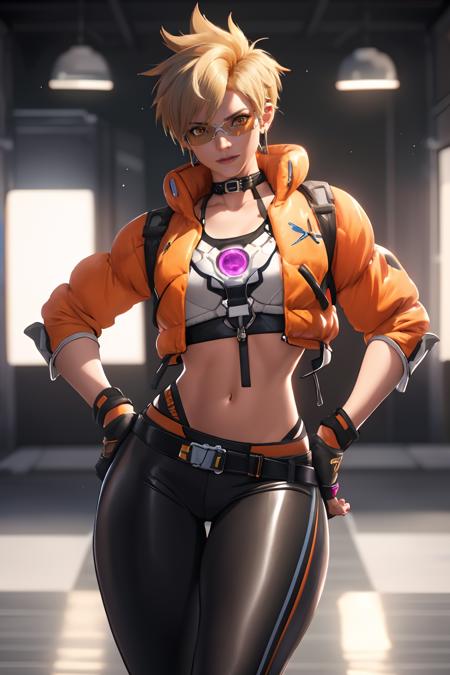 tracerkpop tracer (overwatch),  (white and orange puffy jacket), brown eyes, pink chest harness, collarbone, cowboy shot, ear piercing, fingerless gloves, gloves,  jewelry,  looking at viewer, yellow visor, black leggins, piercing, blonde spiked hair, , navel , midriff 