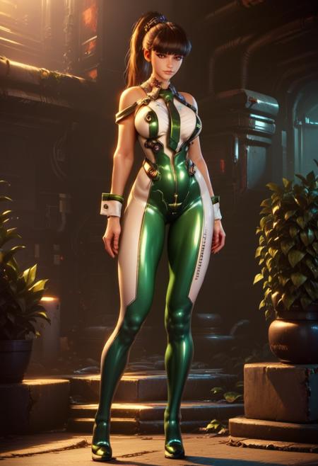 <lora:Eve_Stellar_Bladde_for_PonyXL:1>, eve (stellar_blade), solo, bodysuit, necktie, abandoned cyberpunk city overgrown with plants, standing, looking at viewer, shiny clothes, skin tight, full body, bare shoulders, lips, green necktie, large breasts, wrist cuffs, shiny, sleeveless, high heels, BREAK , zPDXL, score_9, score_8_up, score_7_up, score_6_up, score_5_up, score_4_up