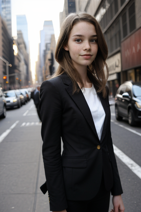 IdaRaun, photography by (Rodney Smith:1.3), ((upper body focus, shoulders)), modelshoot, pose, (business suit, black jacket, white blouse, facing viewer, busy Manhattan sidewalk, looking at viewer, blurry background, bokeh, ID photo:1.3), serious look