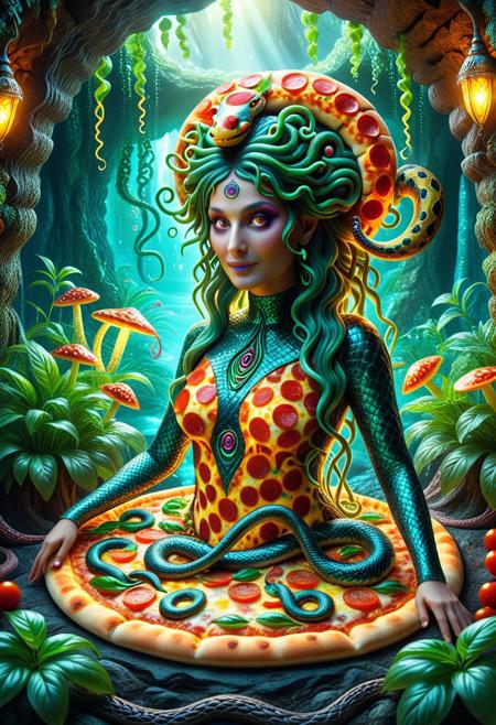 a  pizza medusa with wriggly snake hair  in a magical mythical setting, Cave whose walls are covered with shimmering plants, prismatic snakes, vibrant  surreal, whimsical, playful, intricate details, cinematic lighting, digital painting, trending on artstation, 8k, ultra-detailed, masterpiece, fantasy art,  mythical creatures,  magical atmosphere, ,<lora:SankeHairILL:1>, pizzasdx