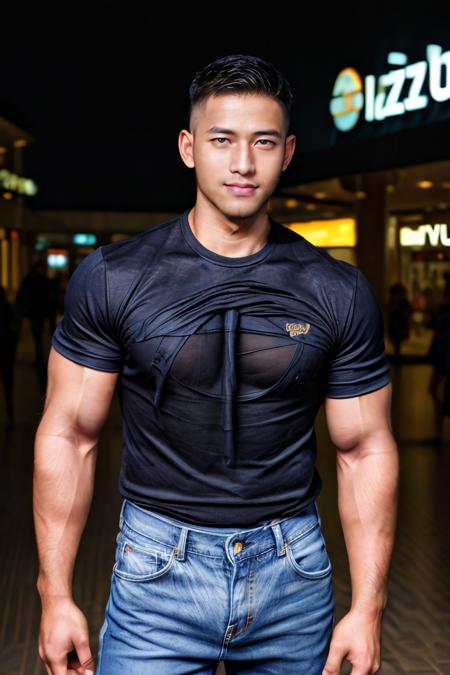 masterpiece, best quality, highres, realistic, handsome, photogenic, syahnk, as (handsome fuckboy, confident smirk, looking at viewer, torn jeans, (huge biceps),muscular male, (skin tight blue t-shirt), ((induction cut, buzzcut, black hair, stubble head)), (shopping mall background), intricate detail, HDR, octane, 8k) ,<lora:add_detail:1.5>, <lora:syahasianV2:1>