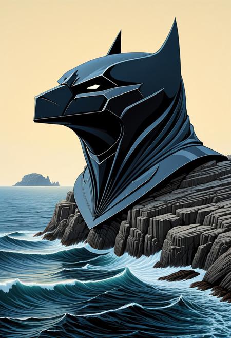 Modern Surrealism, A rock formation at sea resembles Batman's Cowl, Drawn By Josh Needleman-Carlton, Brett Breeding, highly detailed, Reversed angle