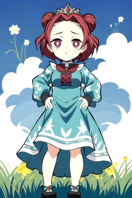 <lora:KnY_ChibiV2:0.8>, 1girl, full body, forehead, red hair, short hair, hair bun, tiara, dress, patterned clothing, medium breasts, long long sleeves, pout, hands on hips, standing, bright pupils, sky, grass, cloud, flower