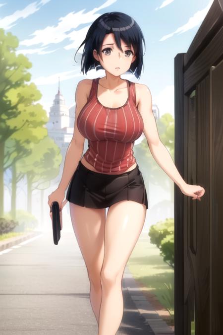 (extremely detailed CG unity 8k wallpaper), (masterpiece), (best quality), (ultra-detailed), (best illustration), (best shadow), (absurdres), 1girl, solo <lora:kanako-10:0.8>, kanako, large breasts, (red tank top, striped tank top, vertical stripes:1.2), blue skirt, walking, foreshortening, outdoors, detailed background