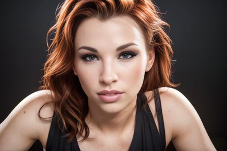 a portrait of DEN_sabrina_maree in front of a [plain black background] wearing a black tank top, collarbone, [headshot], [centre frame], looking at the camera, facing the camera,
[gentle smile closed mouth], dynamic lighting, mole above her lip on the right,
photorealistic, high detail, detailed, masterpiece, 8k, highres, flawless, colour, professional