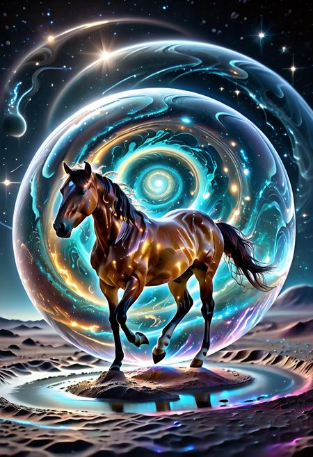 A celestial pony gallops through the void, its entire form composed of shimmering, nebula-infused slime that glows with the colors of distant galaxies. Inside its semi-transparent body, constellations shift and swirl, resembling a living cosmos. A trail of liquid stardust follows in its wake, forming temporary galaxies that dissolve into radiant mist. Floating asteroids are coated in gelatinous, bioluminescent goo, slowly shifting shape as they orbit a glowing planet in the distance. The pony’s hooves leave rippling distortions in space-time, as if bending the very fabric of the universe. Every particle of light is meticulously rendered, creating an awe-inspiring, hyper-detailed cosmic dreamscape