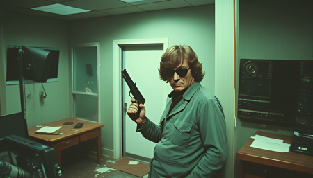 ArsMovieStill, movie still from a 1970s horror movie. The image is of a man in a radio studio. He is leaning against a a wall near a door and holding a gun up. He wears a circular sunglasses, has long brown curly hair, and a green field jacket. The studio is a mess with damaged equipment, overturned tables, broken glass, bullet holes in the walls. Indoors, depth of field, high grain film, male focus, 1 man.