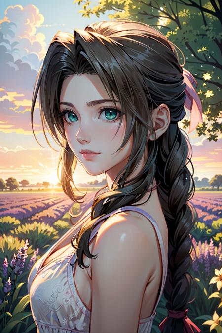 ((ultra detailed, masterpiece, best quality))
 <lora:FF7Aerith:0.8>
FF7Aerith, 1girl, solo, single braid, green eyes, brown hair, cowboy shot, lavender field, morning, soft and warm light with a gentle breeze