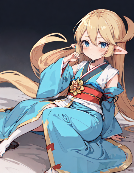 masterpiece, best quality, absurdres, charlotta, 1girl, solo, blush, flat chest,
miko, kimono, long sleeves, wide sleeves, sash, 
on one knee,
simple background,