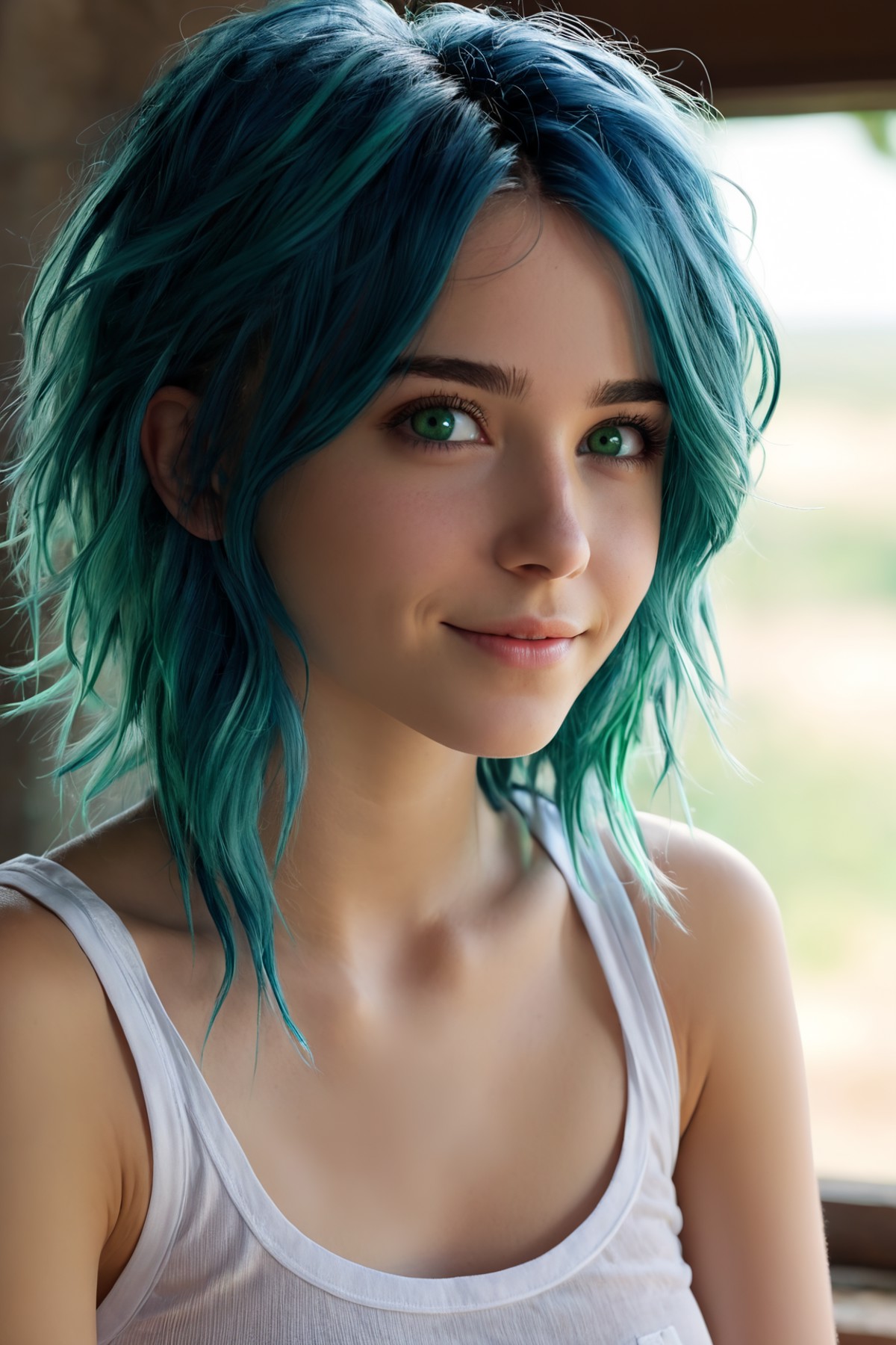 a beautiful blue haired girl, long messy hair, beautiful detailed deep green eyes,  shy smile, small breasts, white tank t...