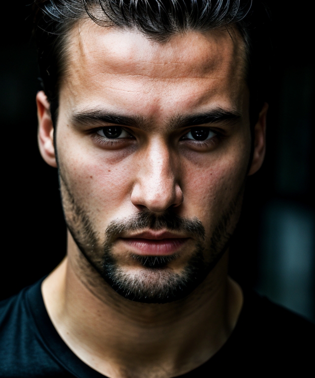 high quality, face portrait photo of 30 y.o european man, wearing black shirt, serious face, detailed face, skin pores, ci...