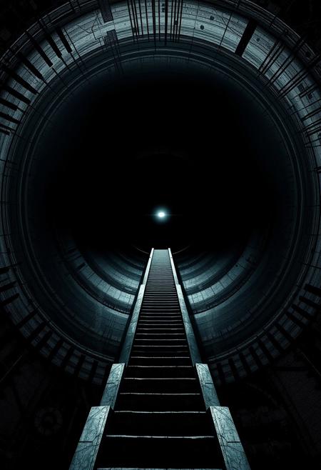 The image depicts a striking and surreal scene of a long, narrow staircase extending into a massive, dark circular structure. The perspective draws the viewer's gaze upward toward the center of the structure, where a faint orb of light is visible, possibly representing a distant exit or focal point. The cylindrical walls of the tunnel-like space are textured with chaotic, abstract lines and mechanical patterns, evoking a sense of mystery and tension. The interplay of light and shadow creates a foreboding yet mesmerizing atmosphere, as if leading to an enigmatic and otherworldly destination.