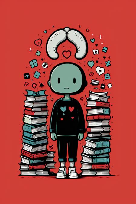 sd mai, flat illustration,
sd mai, flat illustration, heart, red background, book, bone, 1boy, solo, shirt, book stack, shoes, male focus, standing, long sleeves
 <lora:SD_MAIæç®æå¹³æç»:0.7>