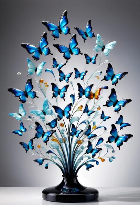 A silhouetted figure releases a swarm of glowing murano_glass_style  butterflies that form a face in the sky, half-painted, half-illustrated, minimalist still life meets theatrical impressionism, vibrant color blocking, dynamic composition, modern design with vintage drama, expressive lighting, structured geometry, soft pastel textures, stylized urban scenes, surreal object arrangements, elegant figures in motion, stage-like settings, crisp contemporary aesthetics, painterly atmosphere, emotional abstraction, clean design infused with narrative flair, visual poetry through shape and gesture
