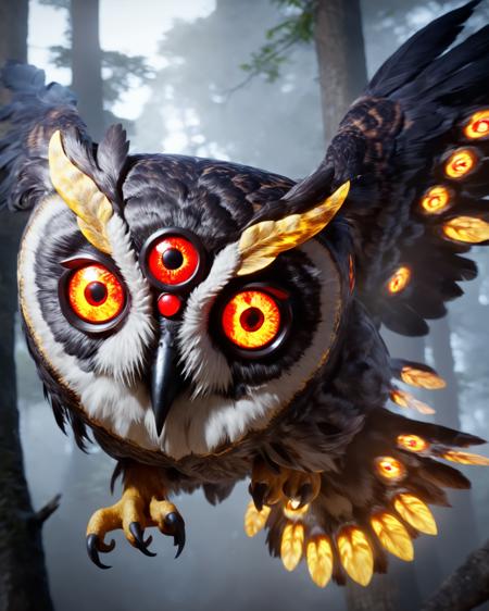 tatarimokke,owl,black and grey feathers,more eyes,golden glowing horns,red glowing eyes,flying,3 eyes,demon,yokai,realistic,epic,cinematic,masterpiece,best quality,16k,trending on artstation, <lora:niohxl-step00000300:1> in the style of niohxl