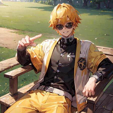 (((master piece))),((best quality)),((((park)))), detailed,1boy, sitting,sports cap, yellow hair,sunglasses,sports shirt,pants,cheerful,toothy grin<lora:Zenitsu-06:0.9>, ultra detailed face, shoulder pad