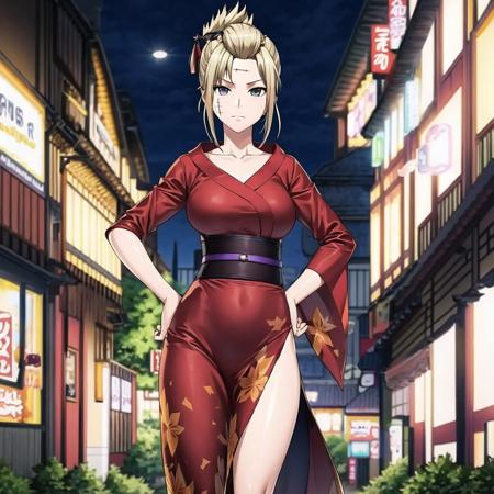 (masterpiece, top quality, best quality, official art, beautiful and aesthetic:1.2),full body,1girl, solo, breasts, looking at viewer, short hair, blonde hair, large breasts, hair ornament, thighhighs, long sleeves, closed mouth, standing, purple eyes, collarbone, cowboy shot, outdoors, detached sleeves, japanese clothes, green hair, black thighhighs, kimono, hand on hip, sash, scar, obi, scar on face, side slit, contrapposto, folded ponytail, black sleeves, black kimono, scar on cheek, asymmetrical sleeves, sleeveless kimono, single sleeve, uneven sleeves, grey sleeves, tokyo landscape, outdoors,  <lora:Tsukuyo-10:1>