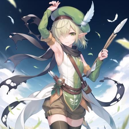 (masterpiece, best quality:1.2),illustration,8k,hd,1girl,green scarf,pointy ears,elf,hat feather,two-tone shirt,torn scarf,green shirt,detached sleeves,shirt,scarf,solo,holding,hair over one eye,green eyes,white shirt,hat,sleeveless shirt,green sleeves,short hair,green headwear,bow \(weapon\),sleeveless,holding bow \(weapon\),shorts,beret,green hair,thighhighs,weapon,armpits,holding weapon,green thighhighs,striped thighhighs,looking at viewer,vertical-striped thighhighs,arrow \(projectile\),green shorts,small breasts,quiver,feathers,<lora:Futaba Aoi-V0.5:0.7>,